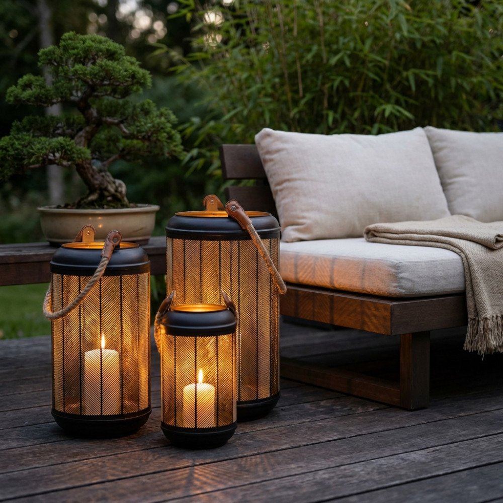 Lanterne CHRISTINE nere di altezze diverse con luce LED filtrata dai pannelli traforati, scena esterna