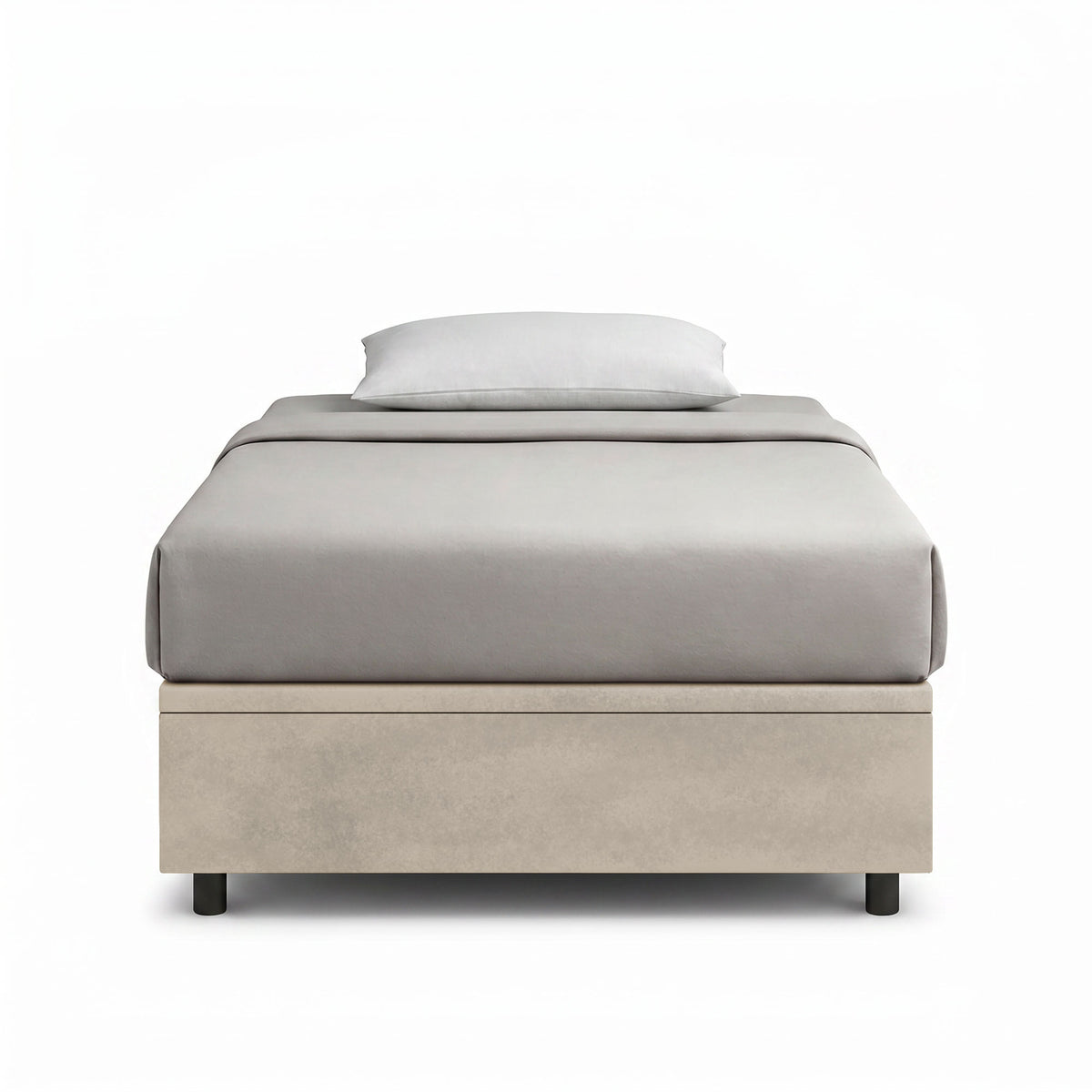 Letto contenitore BOXMAX sabbia visto frontale con base beige e copriletto grigio #colore_Sabbia