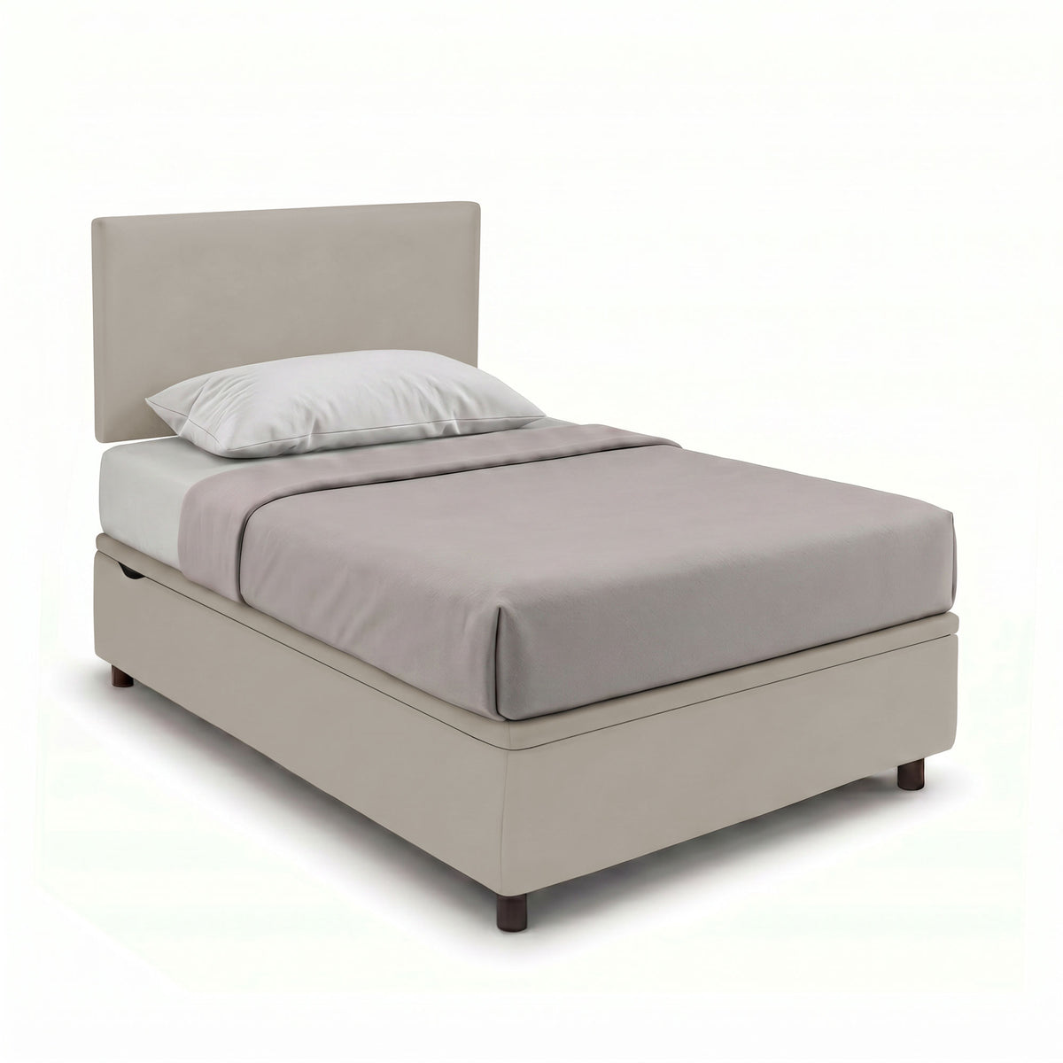Letto FLAT tortora con testata bassa e copriletto grigio, vista tre quarti su fondo bianco #colore_Tortora