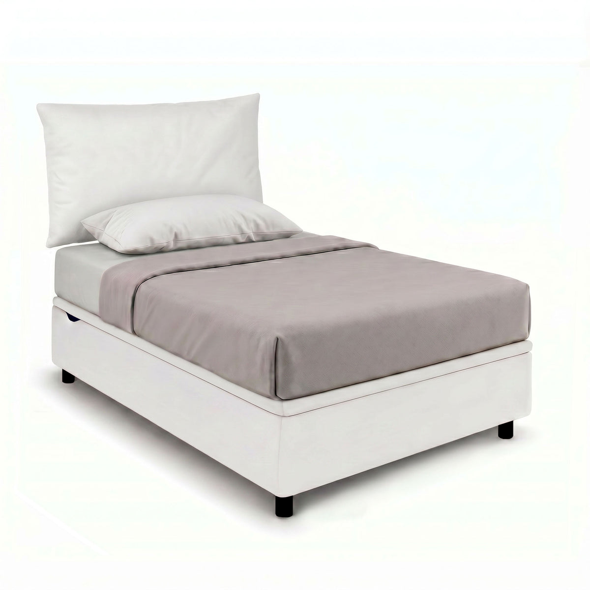 Letto contenitore BOXMAX bianco con testiera alta e cuscini, visto di tre quarti su sfondo bianco #colore_Bianco