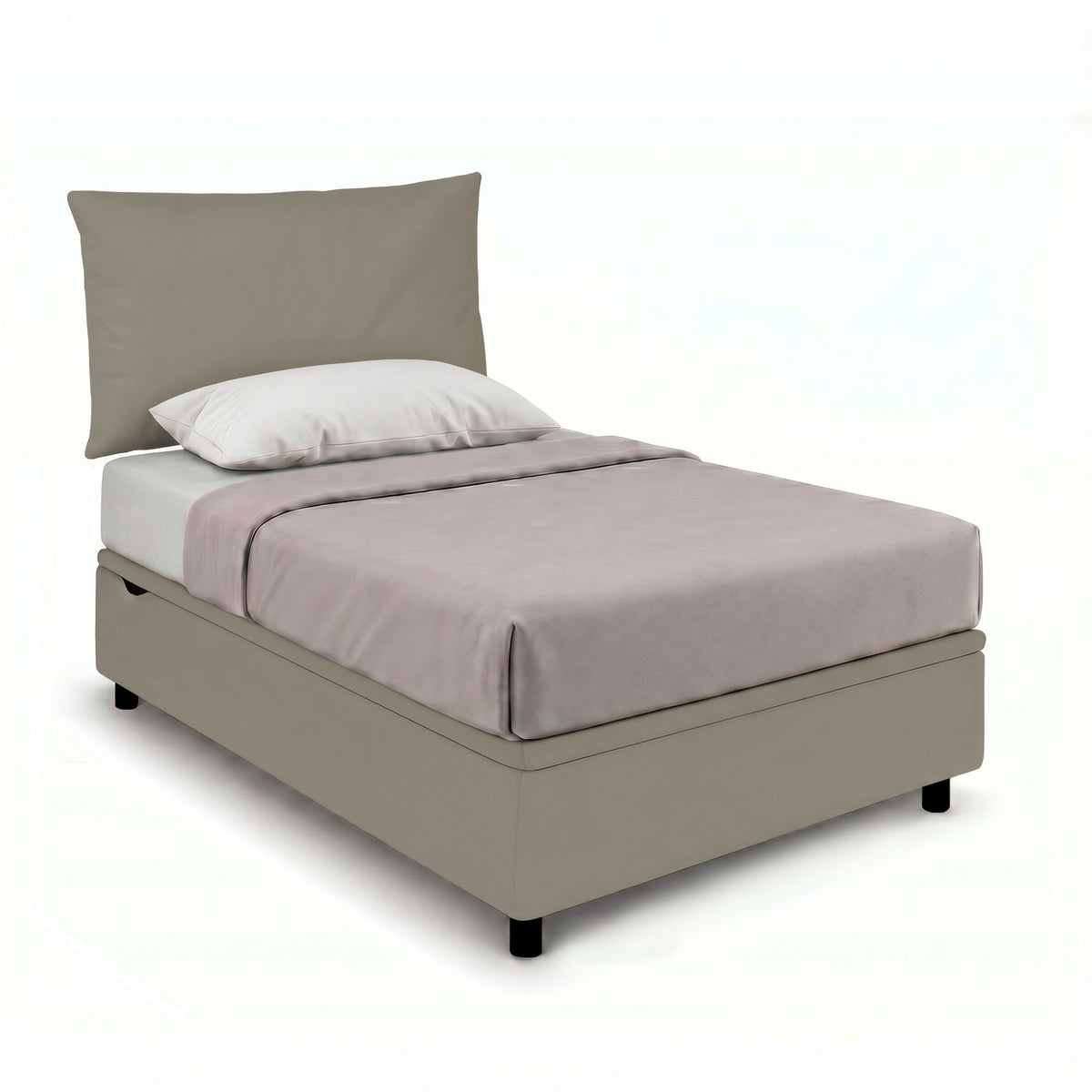 Letto contenitore BOXMAX cappuccino con testiera piatta e base sollevata su piedini neri #colore_Cappuccino