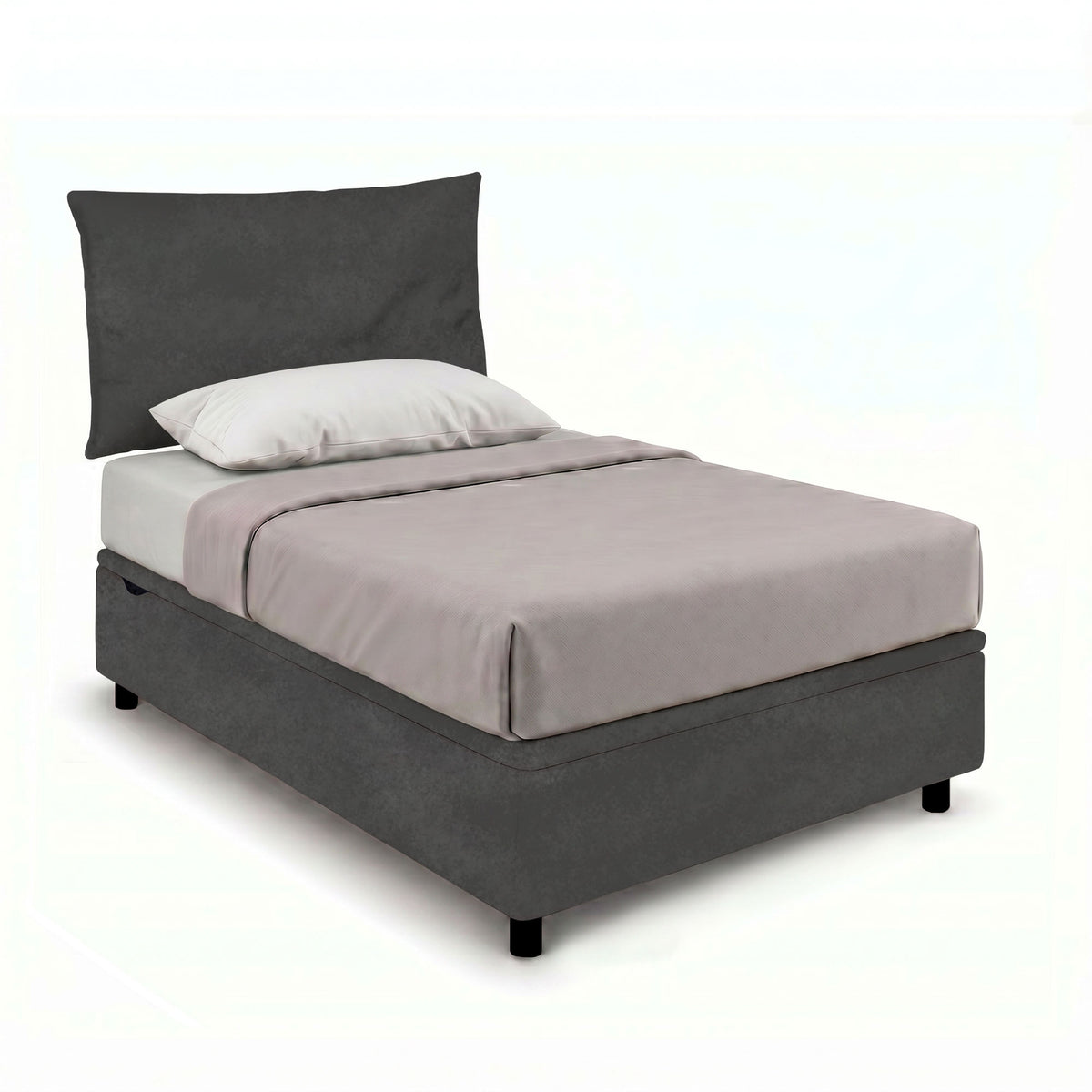 Letto singolo BOXMAX grigio antracite con testata imbottita e base su piedini neri, vista tre quarti #colore_Grigio