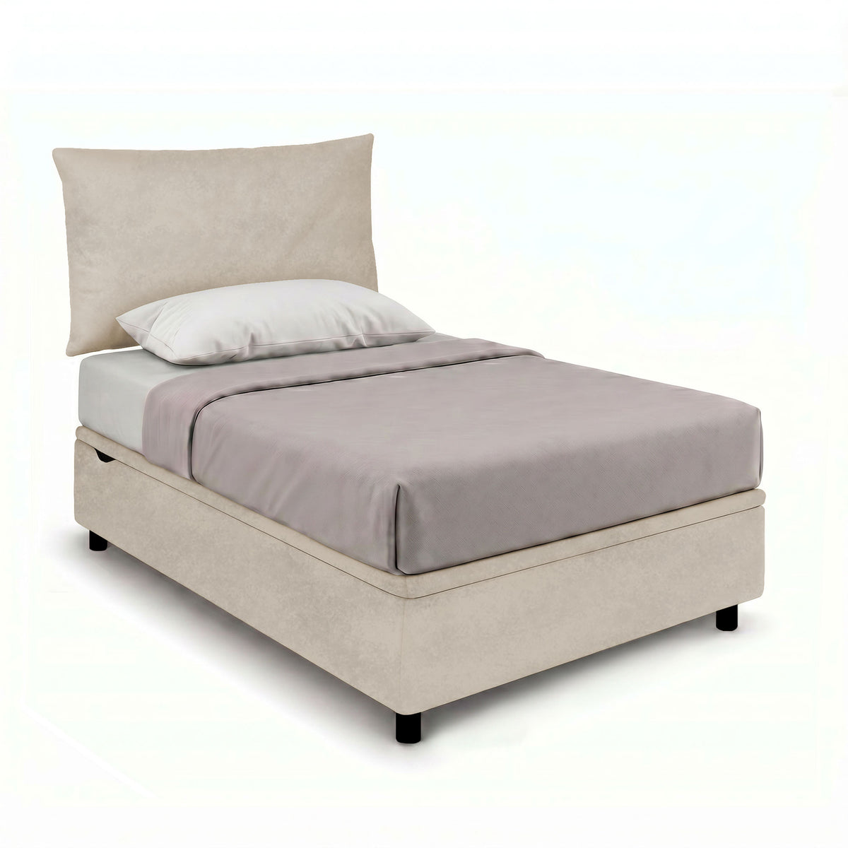 Letto singolo BOXMAX sabbia con testiera imbottita rettangolare, vista in diagonale #colore_Sabbia