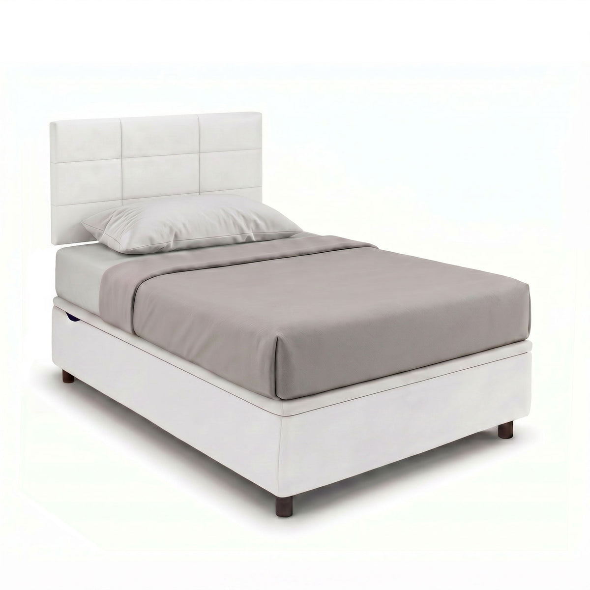 Letto contenitore SQUARE bianco con testiera imbottita a riquadri, visto di tre quarti #colore_Bianco