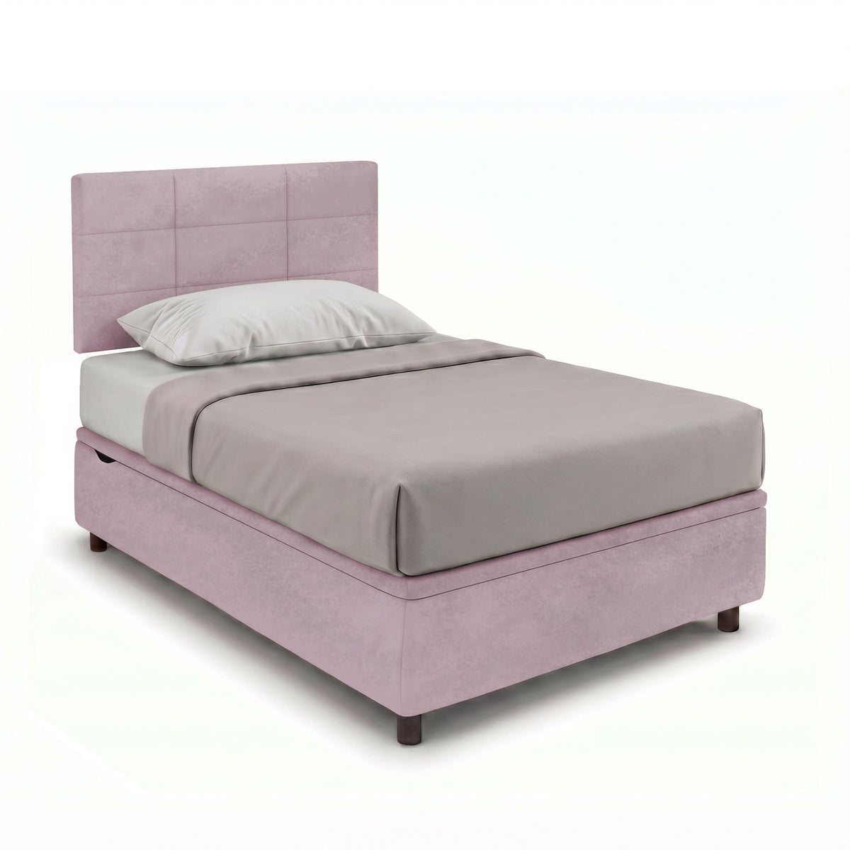 Letto contenitore SQUARE glicine con testiera a pannelli quadrati su sfondo bianco, vista tre quarti #colore_Glicine