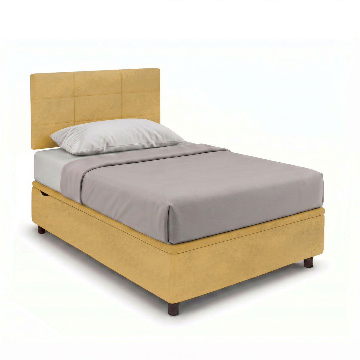 Letto contenitore SQUARE ocra con testiera a riquadri e piedini in legno, vista tre quarti #colore_Ocra