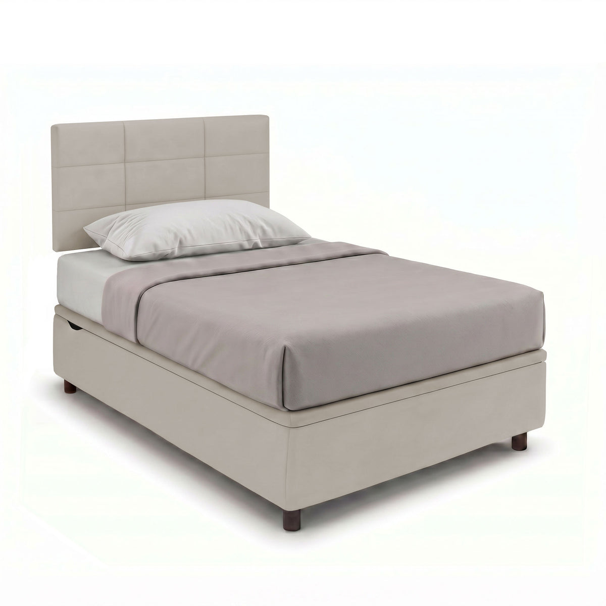 Letto SQUARE tortora con testiera a nove riquadri e cassetto a ribalta laterale #colore_Tortora