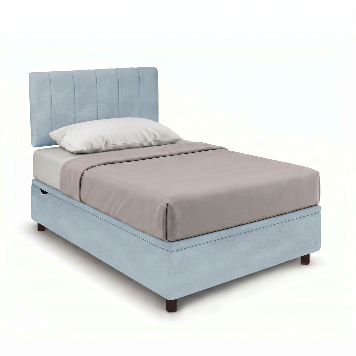 Letto contenitore VERTICAL azzurro con testiera a cinque pannelli e copriletto grigio tortora #colore_Azzurro