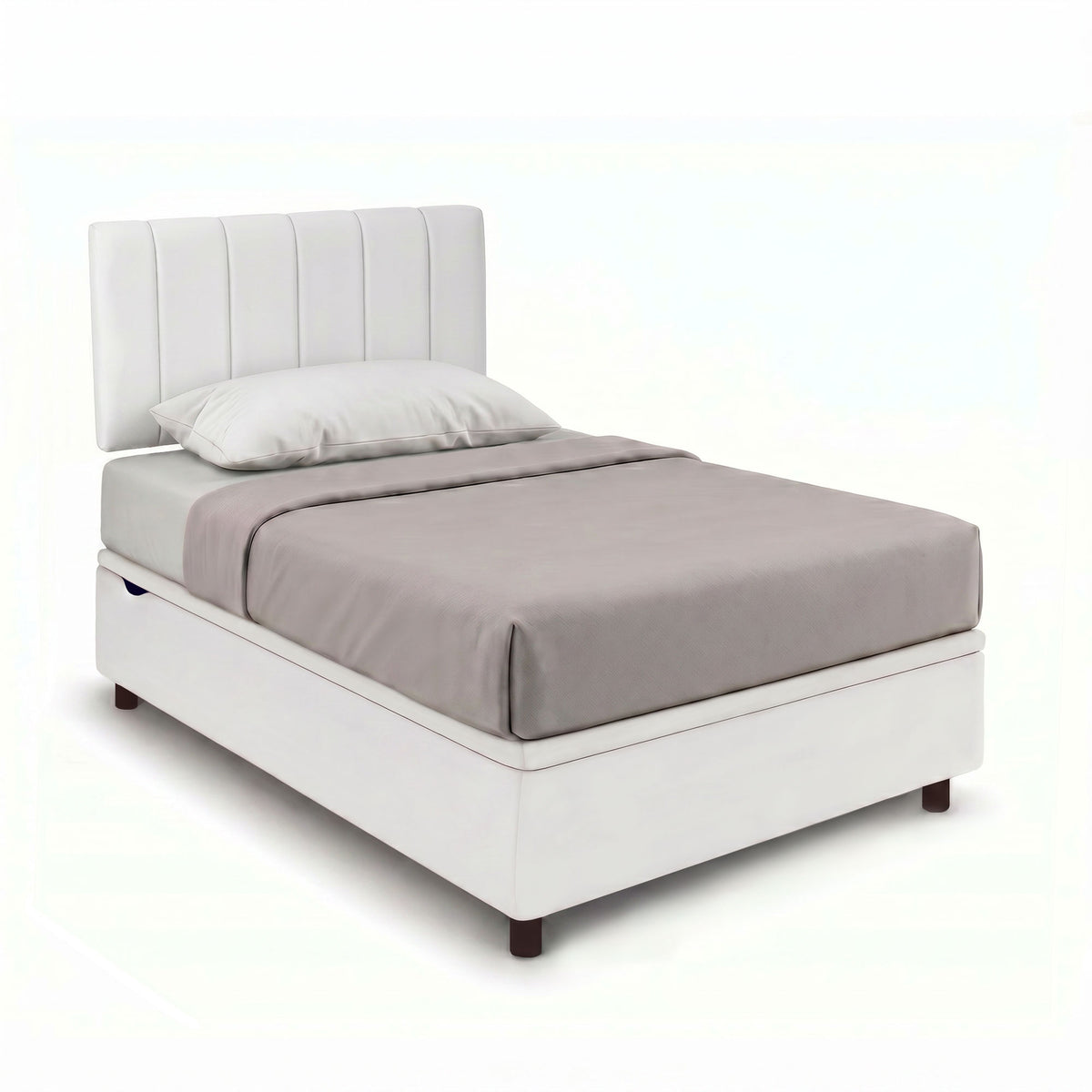 Letto BOXMAX bianco con testiera a cuciture verticali su fondo bianco, vista tre quarti #colore_Bianco