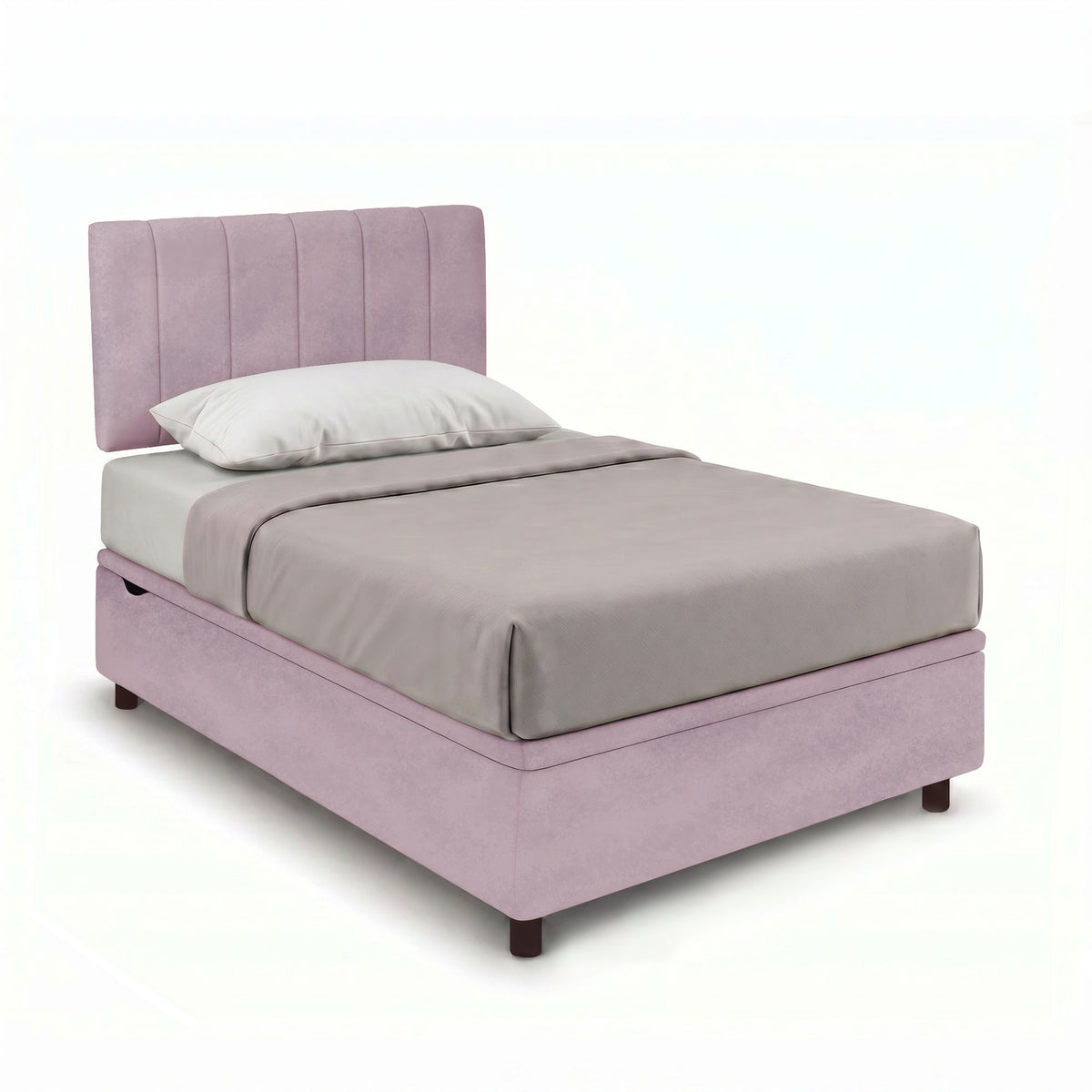 Letto contenitore glicine con testiera a pannelli verticali, ripreso di tre quarti su fondo bianco #colore_Glicine