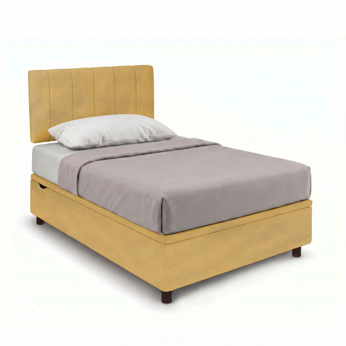 Letto contenitore ocra con testiera a canali e piedini scuri, ripreso di tre quarti #colore_Ocra