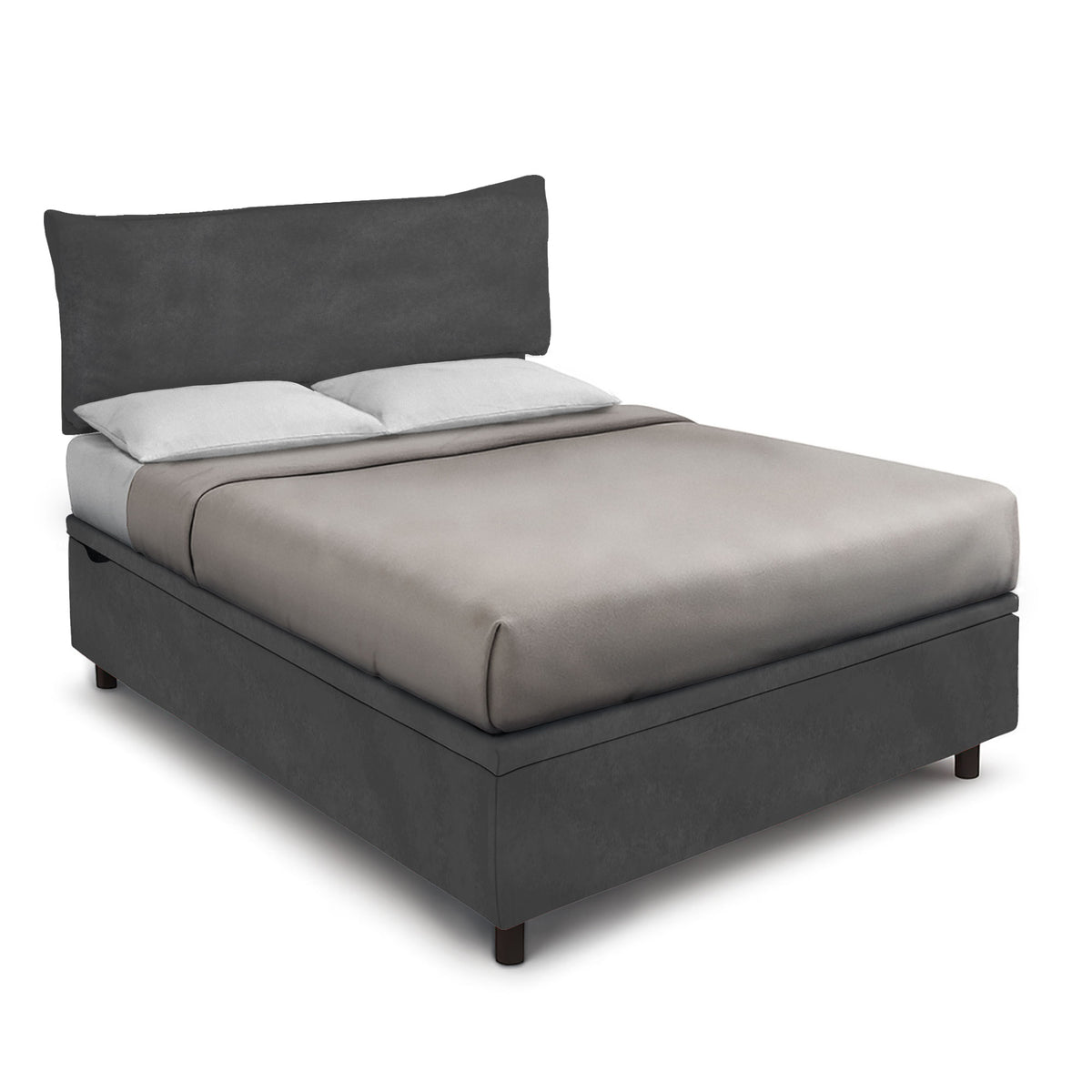 Letto BOXMAX grigio con testiera a cuscino alta e base contenitore bassa, vista di tre quarti #colore_Grigio