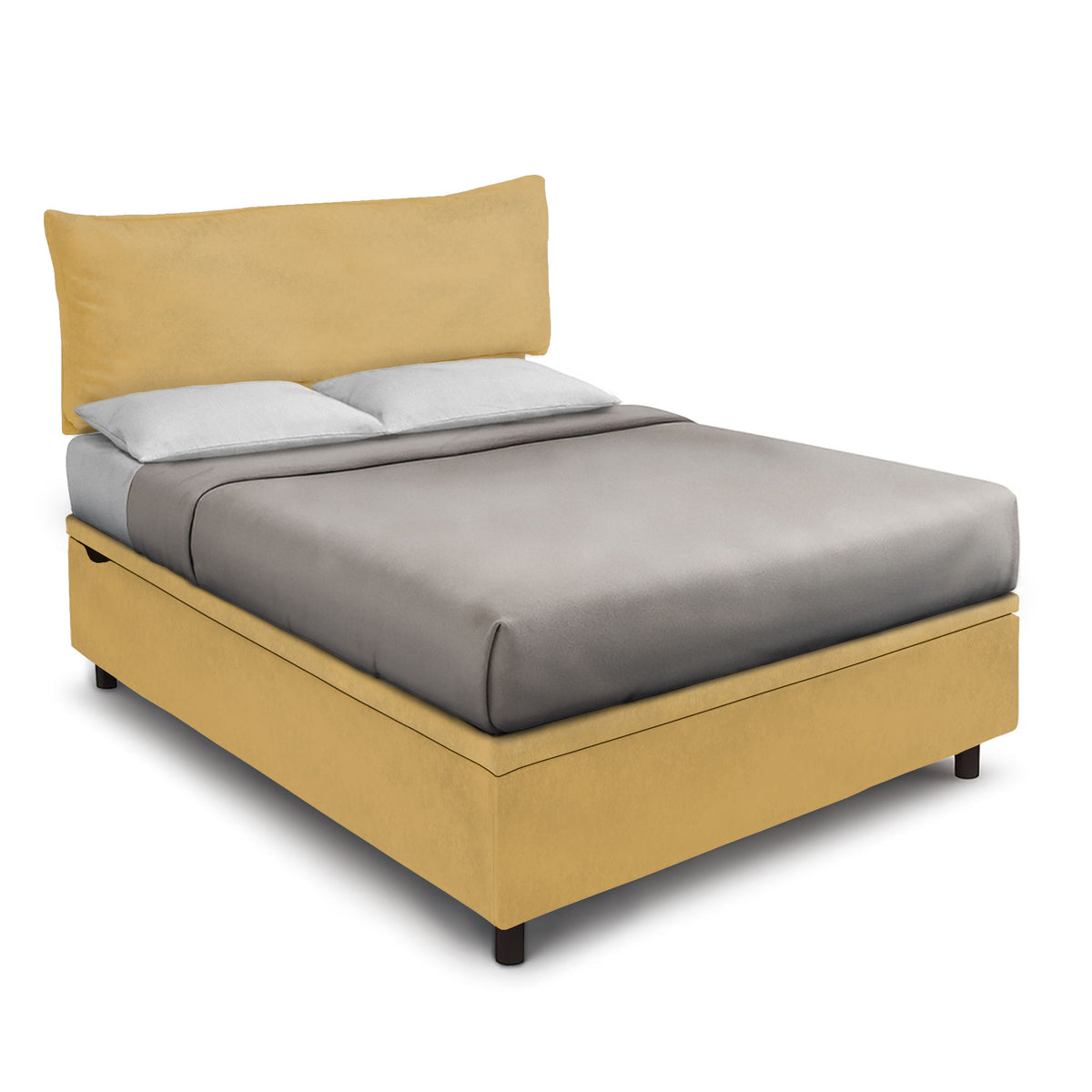 Letto BOXMAX ocra con testiera imbottita e maniglia sul giroletto, vista rialzata #colore_Ocra