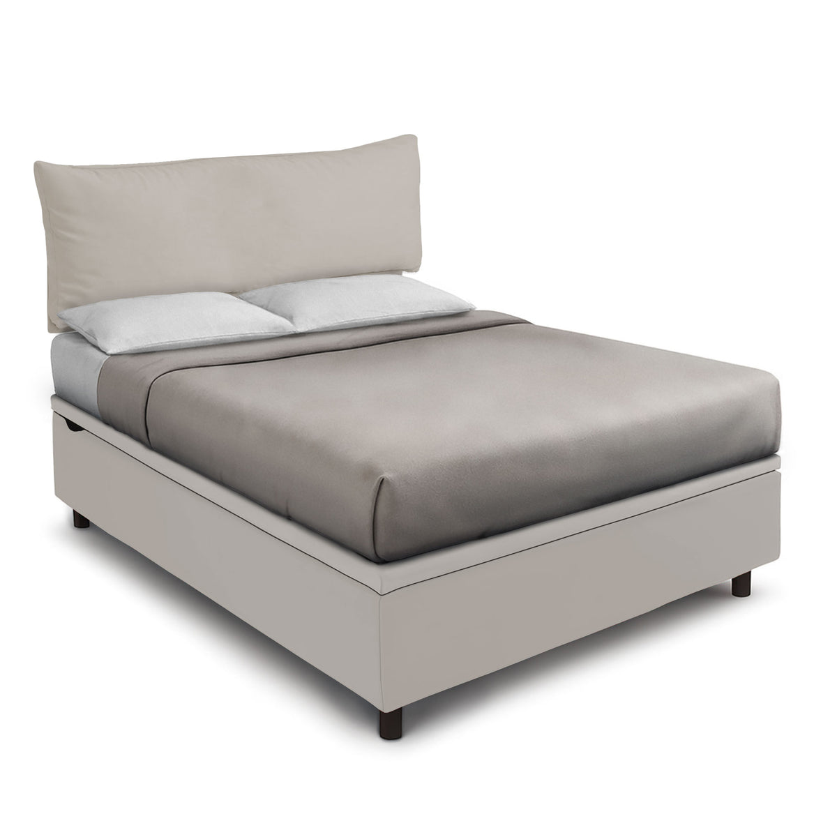 Letto SOFT tortora con testiera imbottita e contenitore visibile sotto il piano, vista a tre quarti #colore_Tortora