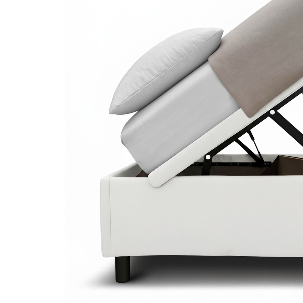 Letto BOXMAX bianco con rete sollevata che mostra il vano contenitore interno, vista laterale #colore_Bianco