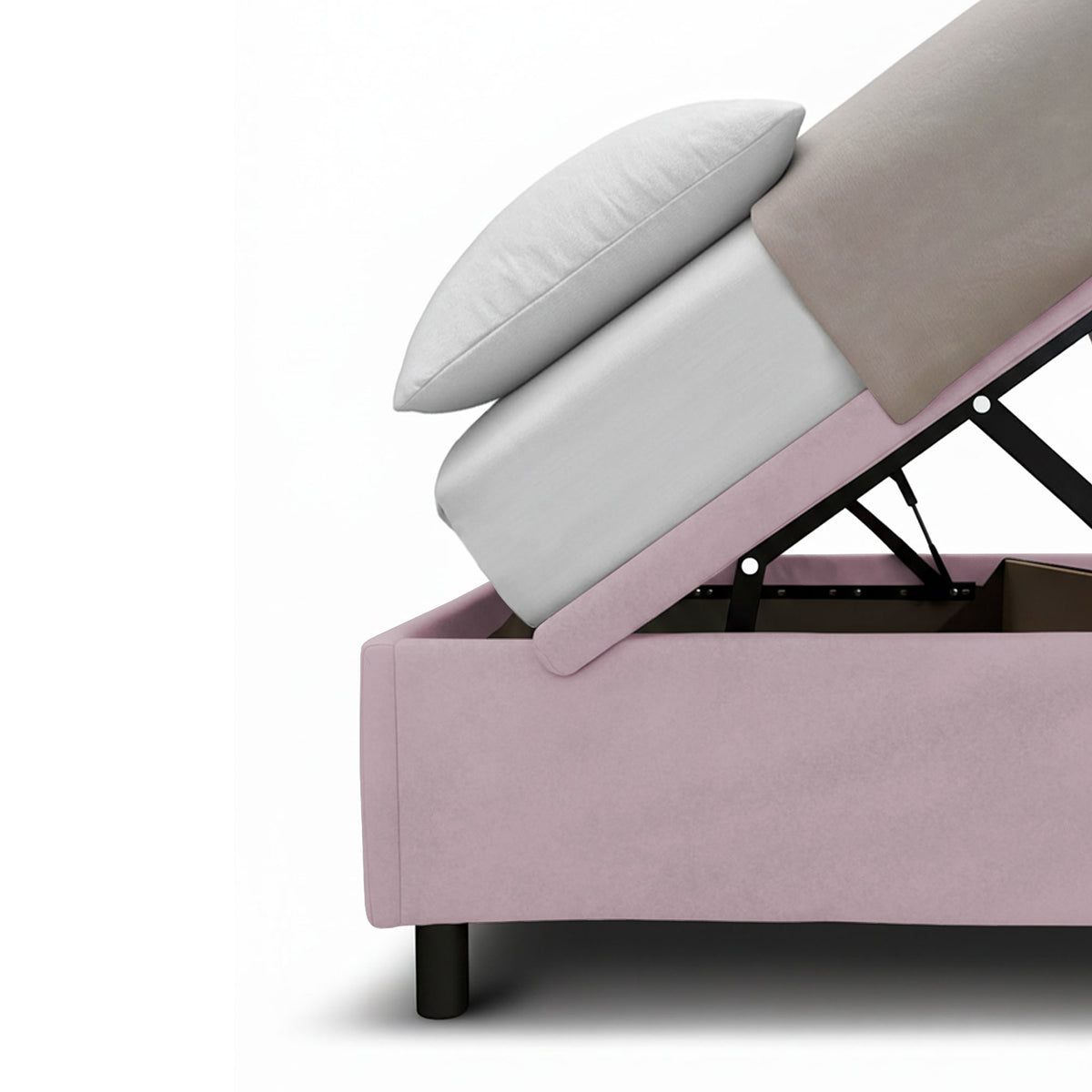 Letto SQUARE glicine con rete sollevata che mostra il vano contenitore, vista laterale #colore_Glicine