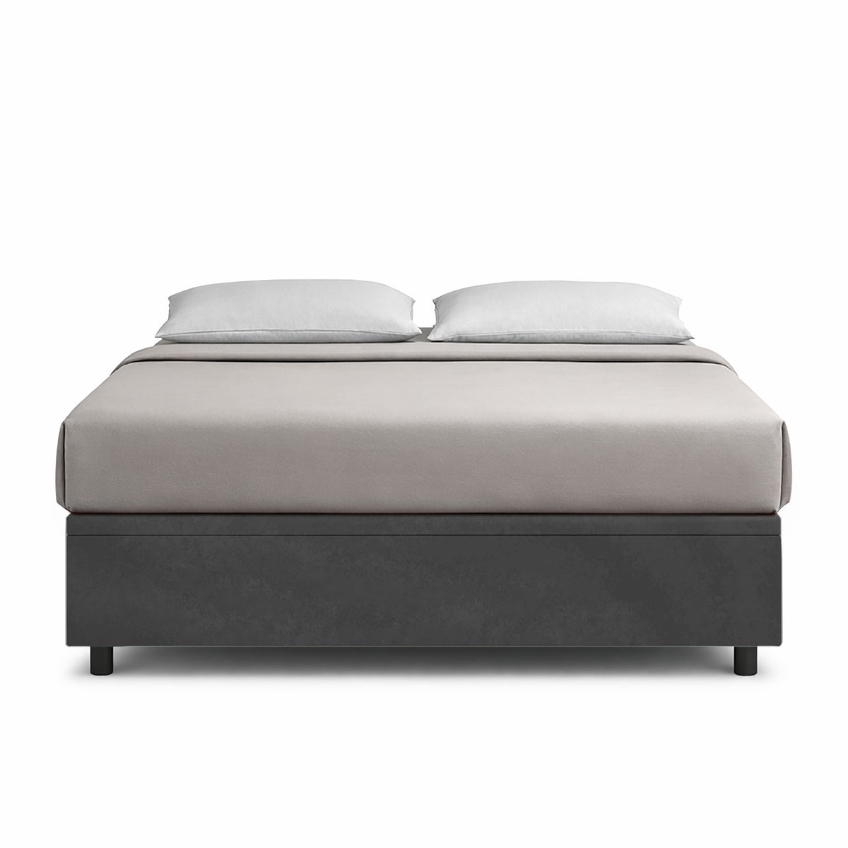 Letto BOXMAX grigio antracite visto di fronte con base opaca e piedini neri squadrati #colore_Grigio