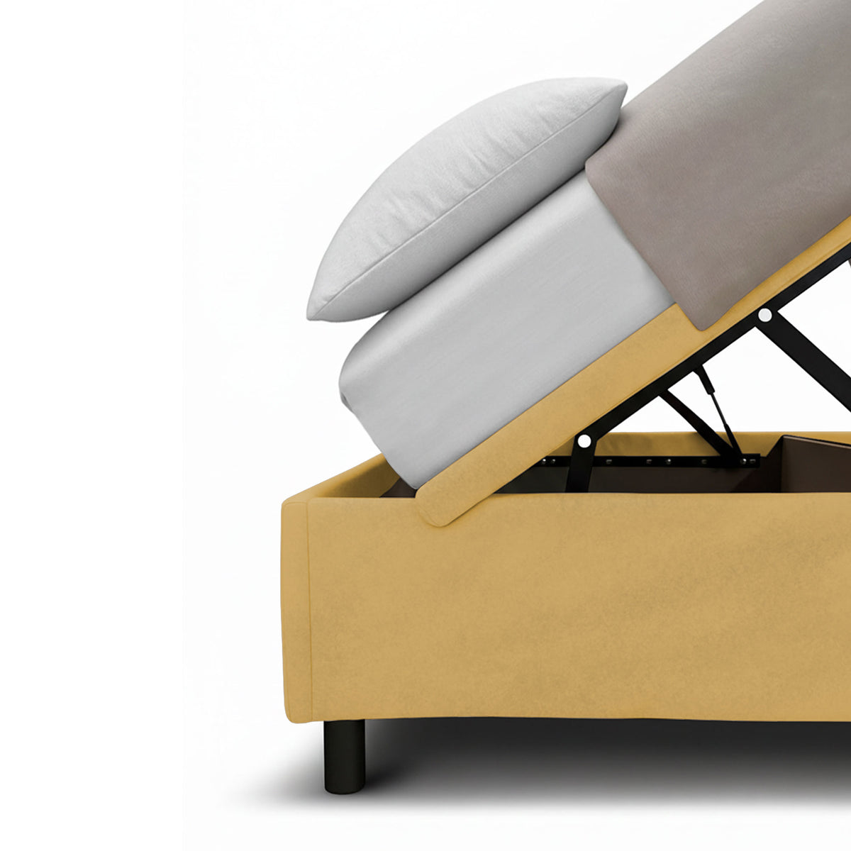 Letto SQUARE ocra con rete sollevata diagonalmente e guide metalliche del contenitore visibili #colore_Ocra