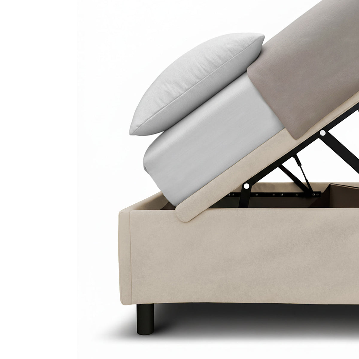 Letto SQUARE sabbia con piano ribaltato che mostra il vano interno, vista laterale #colore_Sabbia