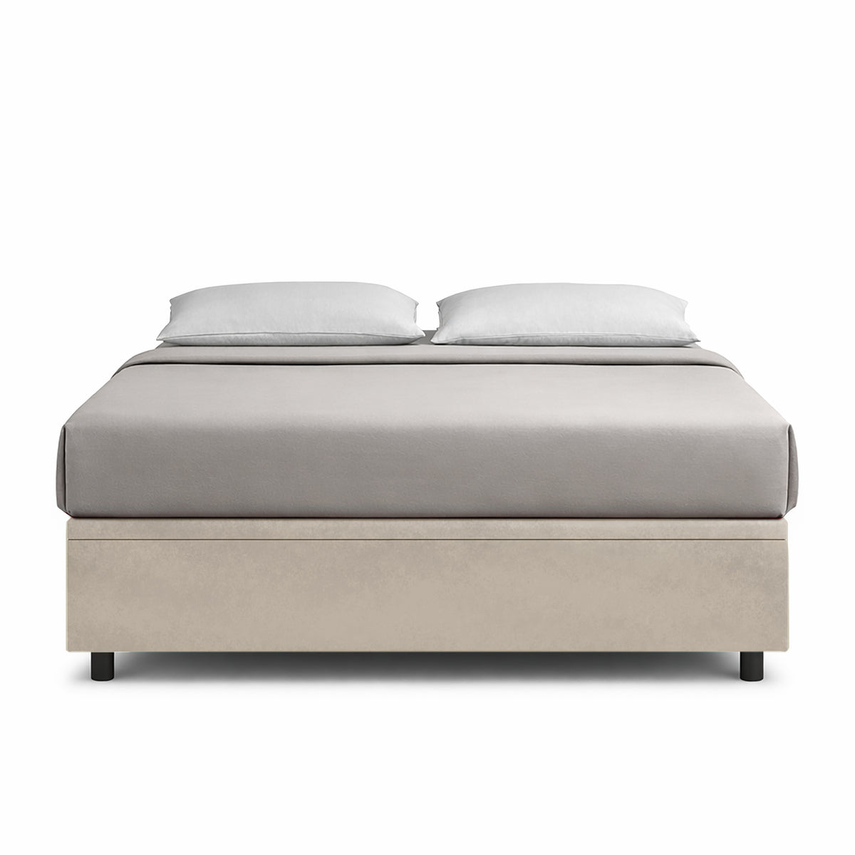 Letto BOXMAX sabbia visto di fronte con base beige opaca e lenzuolo grigio chiaro #colore_Sabbia