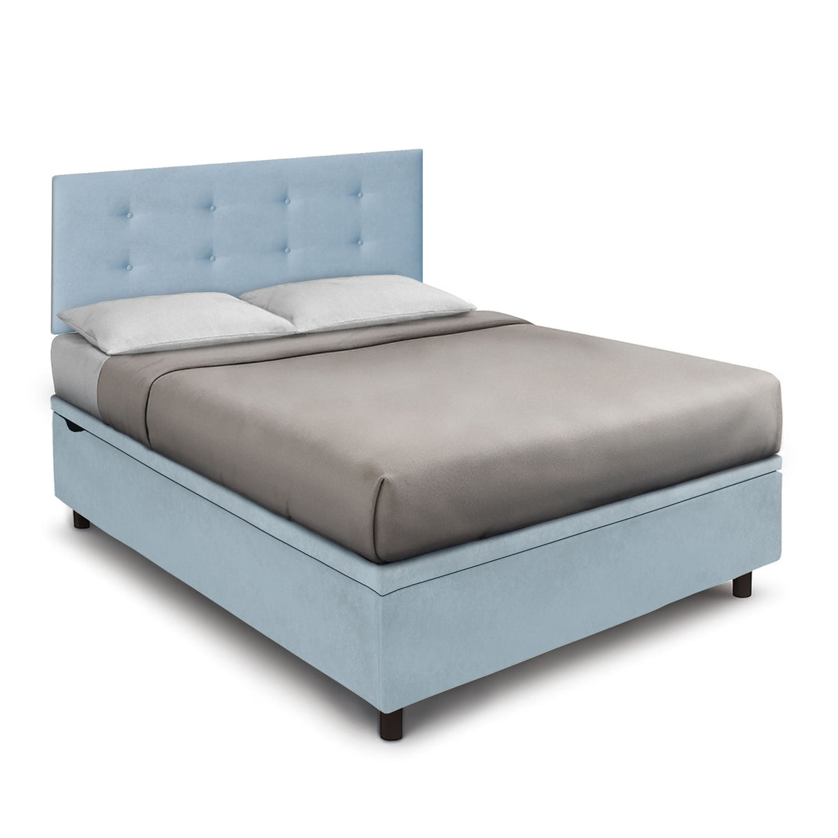 Letto azzurro con testata alta a cinque file di bottoni, vista tre quarti #colore_Azzurro