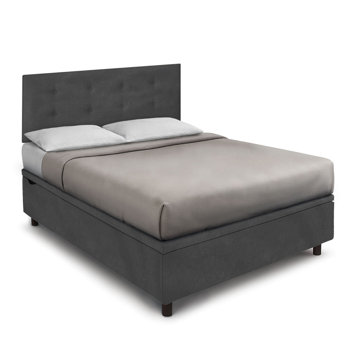 Letto grigio con testata trapuntata a quattro bottoni, vista tre quarti #colore_Grigio