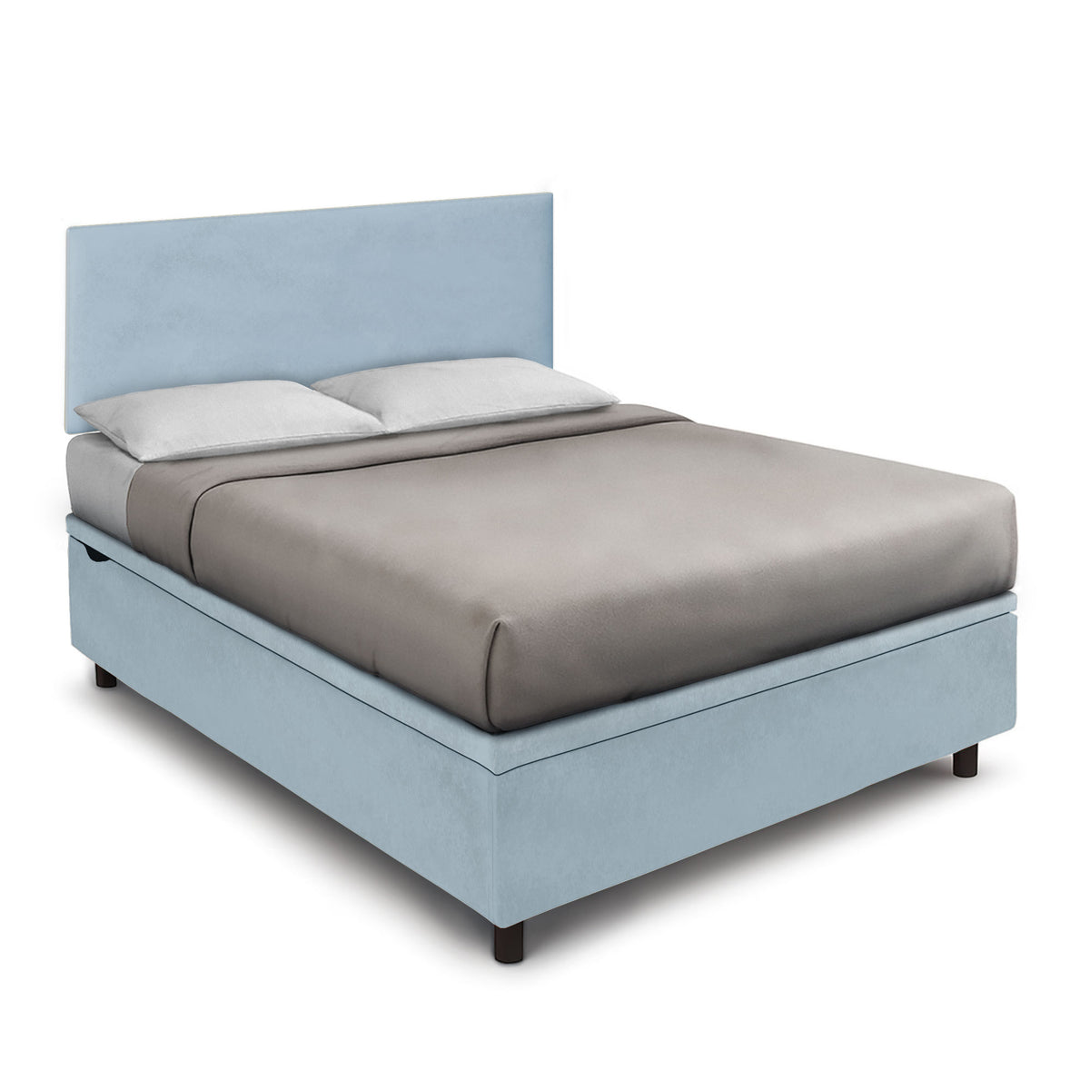 Letto azzurro con testiera alta e maniglia del contenitore, vista di tre quarti #colore_Azzurro