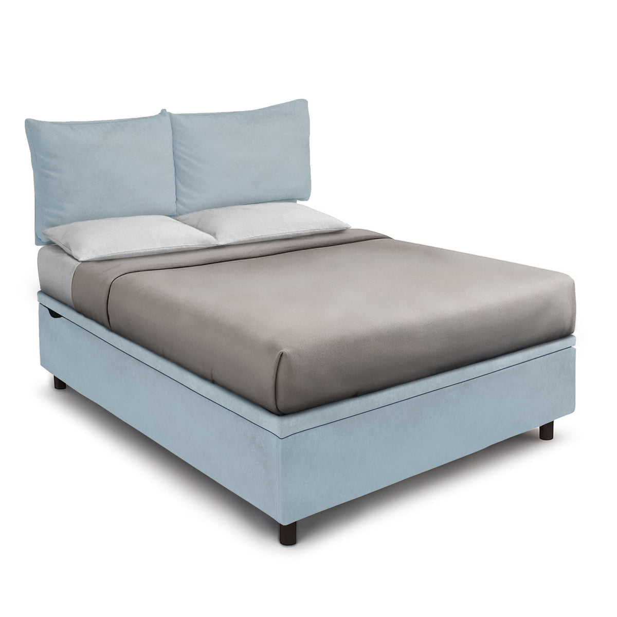 Letto BOXMAX SOFT azzurro con testata a due cuscini e base contenitore, vista tre quarti #colore_Azzurro