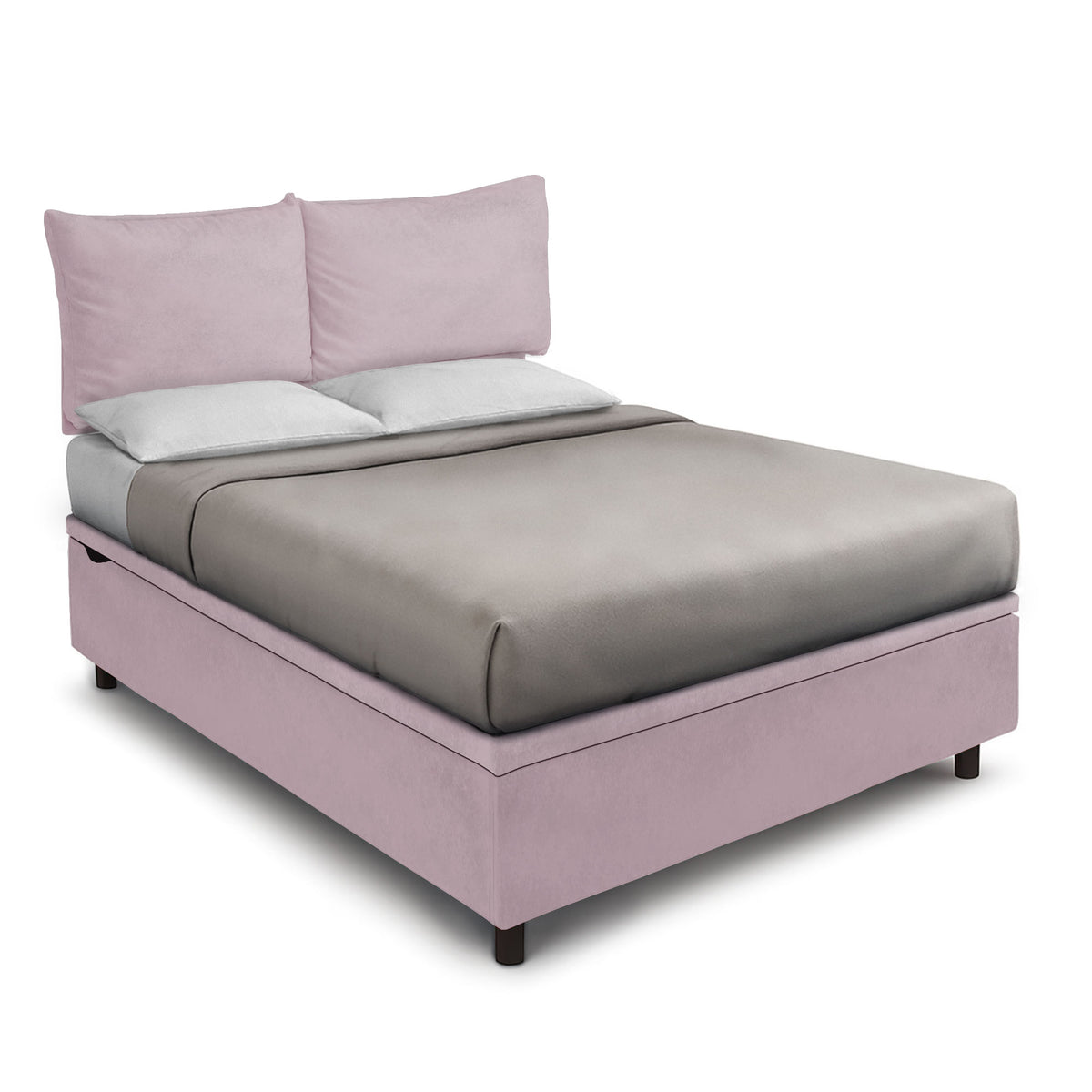 Letto contenitore BOXMAX SOFT glicine con testiera imbottita, due cuscini e materasso, vista tre quarti #colore_Glicine