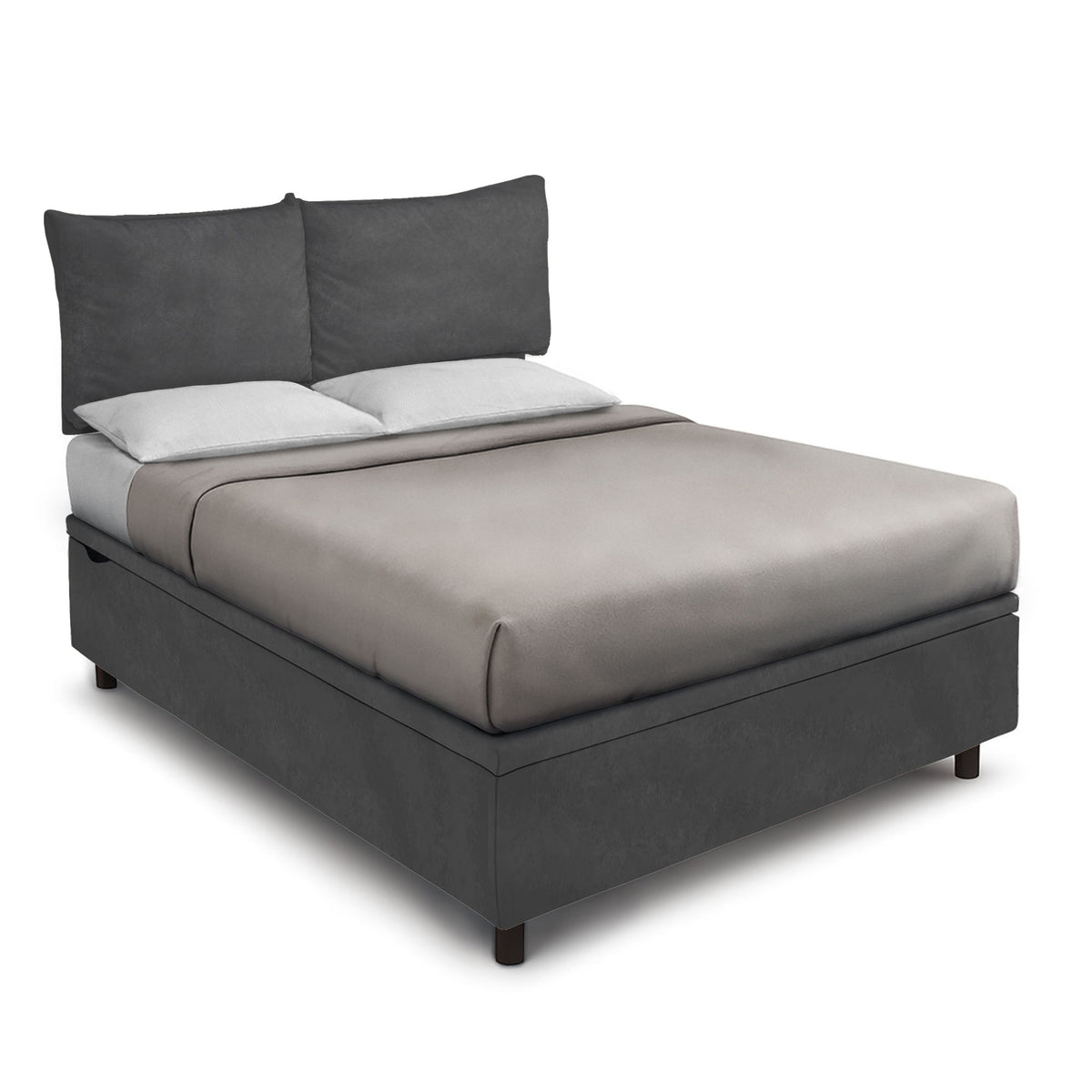 Letto BOXMAX SOFT grigio con testata a due cuscini e piedini cilindrici, vista tre quarti #colore_Grigio