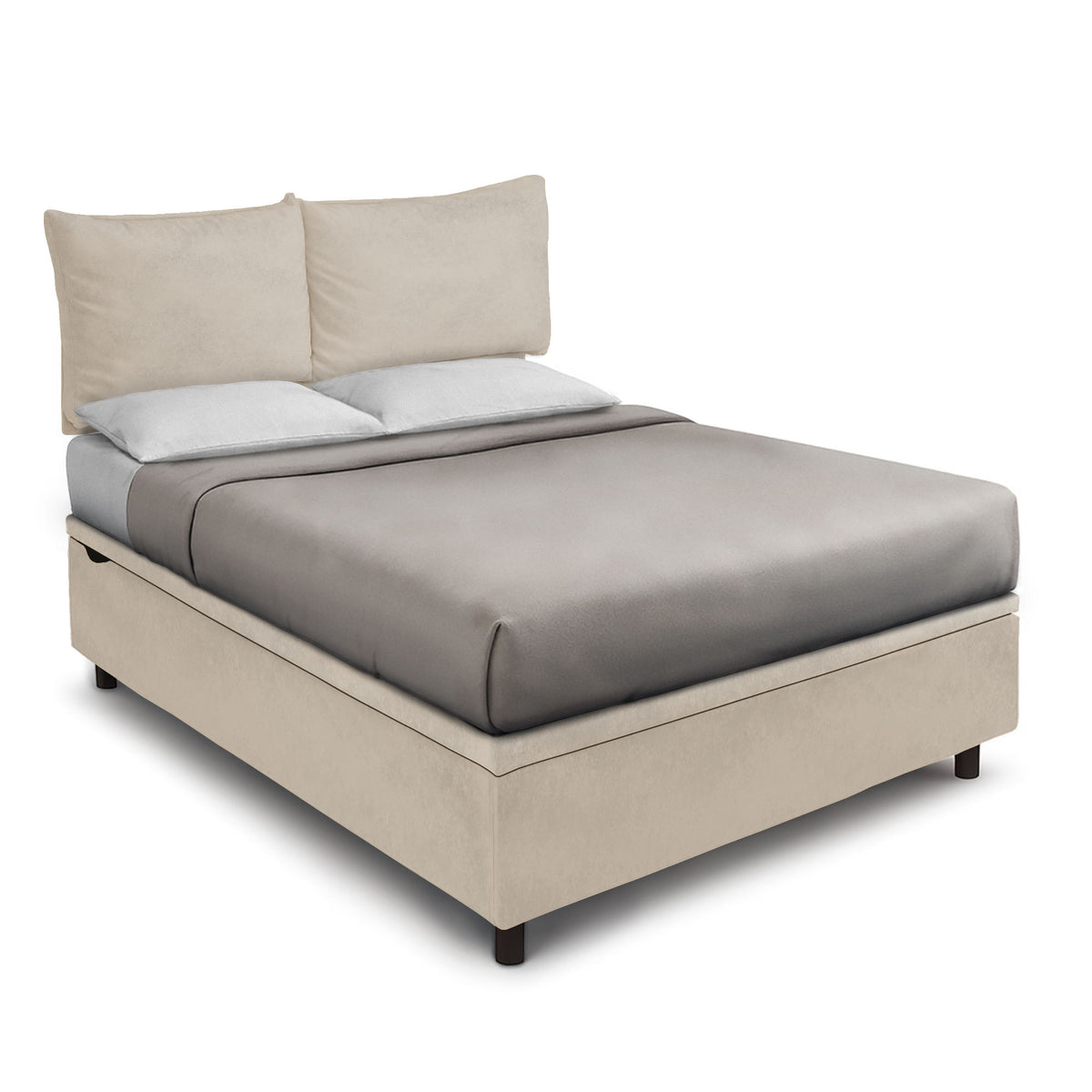 Letto BOXMAX SOFT azzurro con testata a due cuscini e base contenitore, vista tre quarti #colore_Sabbia