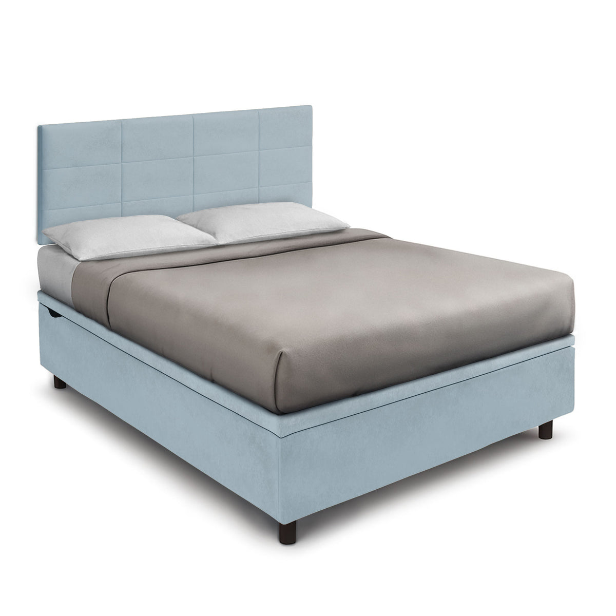 Letto alla francese SQUARE azzurro con testiera alta a riquadri quadrati, vista di tre quarti #colore_Azzurro