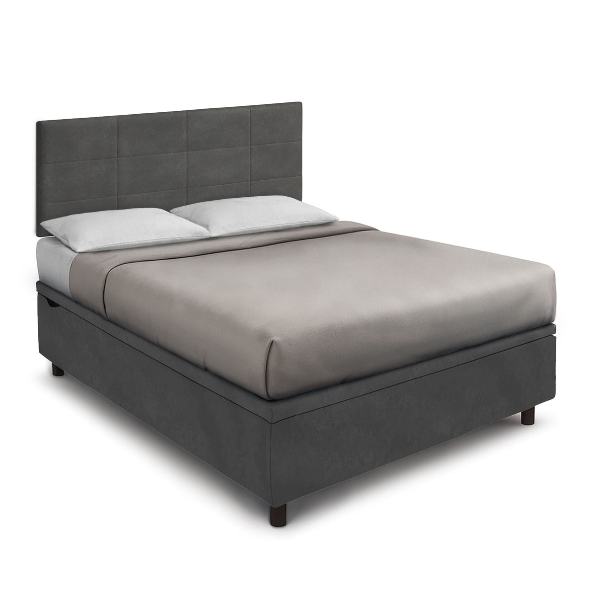 Letto alla francese SQUARE grigio antracite con testiera a riquadri, ripreso in diagonale #colore_Grigio