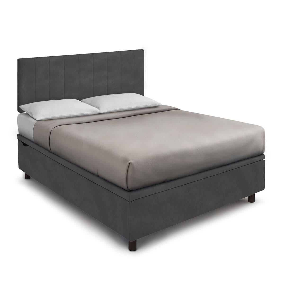 Letto BOXMAX grigio antracite con testiera a doghe verticali, vista di tre quarti #colore_Grigio