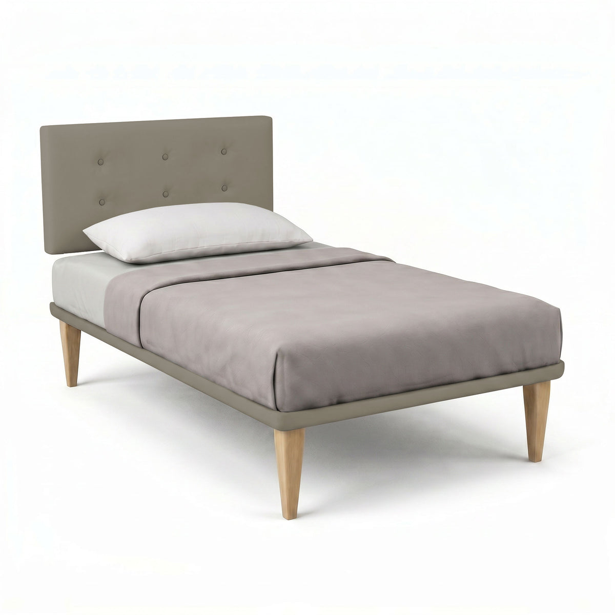 Letto TESSIS cappuccino con testata a muro imbottita a sei bottoni, vista tre quarti #colore_Cappuccino