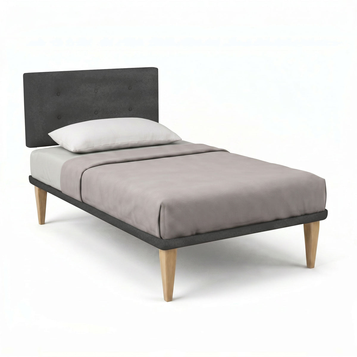 Letto TESSIS grigio con testata tufted antracite e piedini conici in legno, vista a tre quarti #colore_Grigio