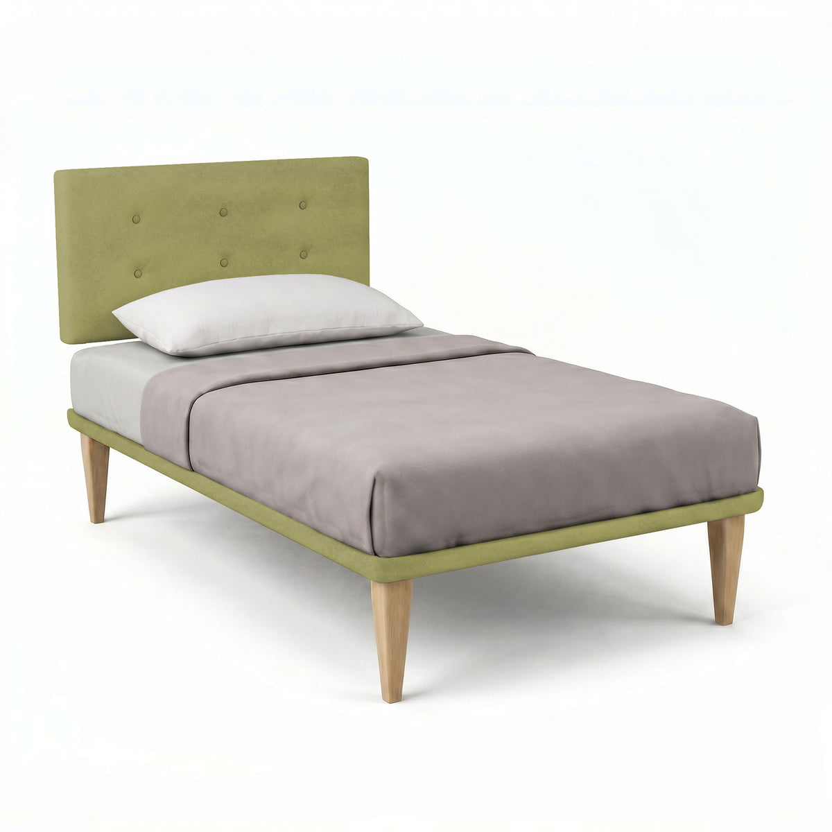 Letto TESSIS tè verde con testata a cinque bottoni, vista a tre quarti su fondo bianco #colore_Tè verde