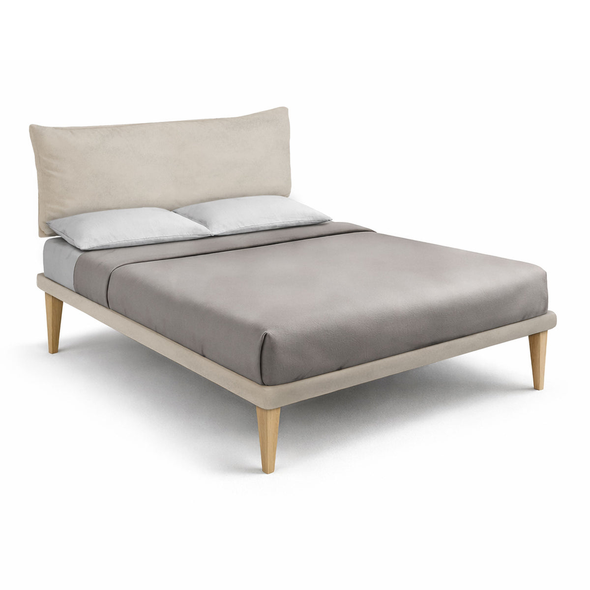 Letto alla francese TESSIS sabbia visto dall'alto con testata imbottita e copriletto grigio tortora #colore_Sabbia