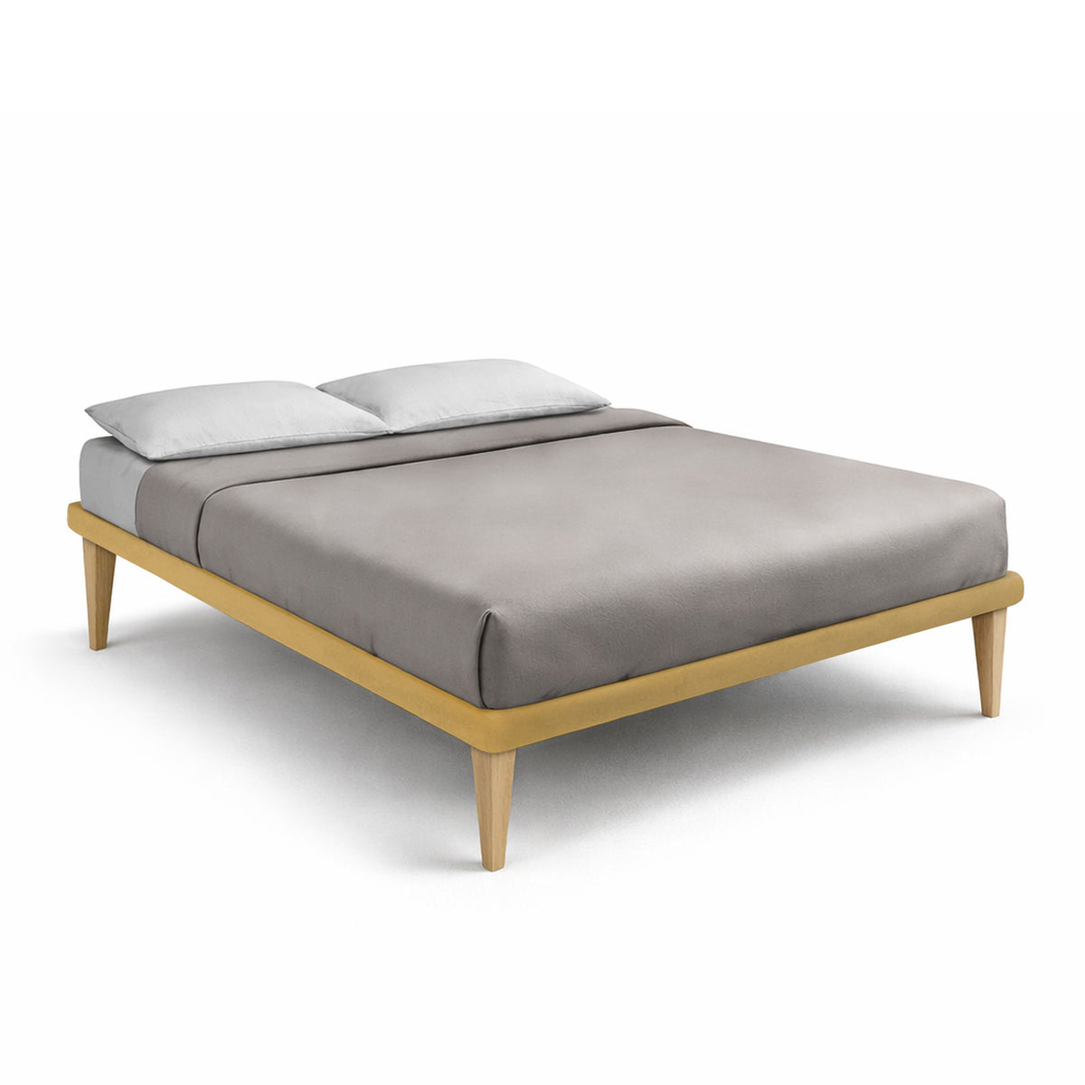 Letto alla francese TESSIS ocra con materasso taupe e cuscini bianchi, vista di tre quarti #colore_Ocra