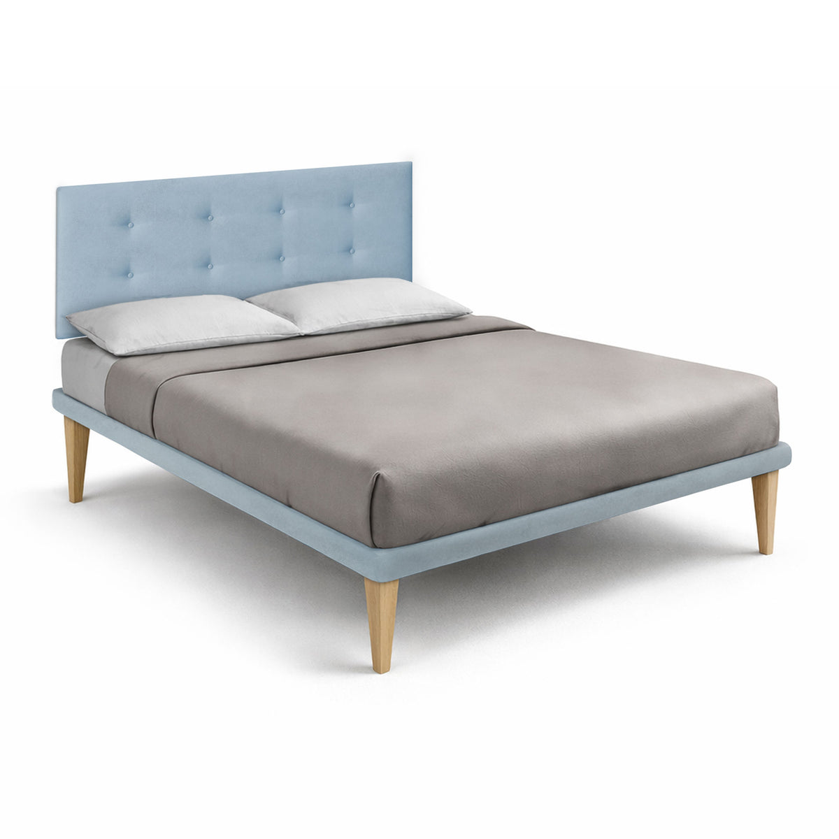 Letto matrimoniale BUTTON azzurro con testiera capitonné e rete rivestita, vista tre quarti #colore_Azzurro
