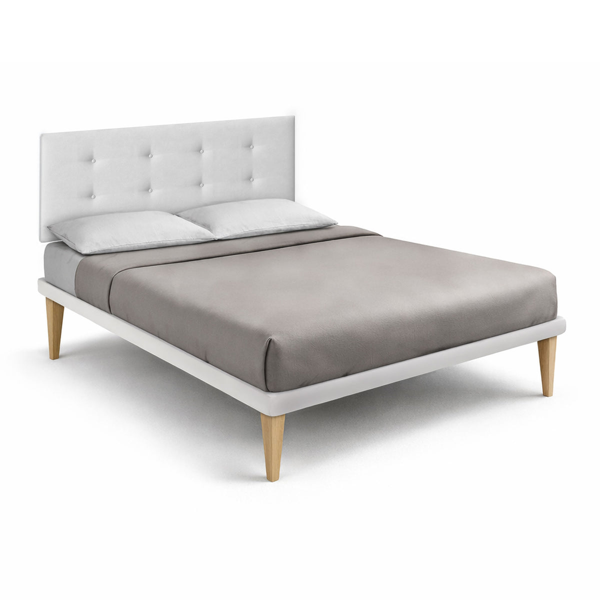 Letto matrimoniale bianco con testata a bottoni, gambe in legno, vista in tre quarti #colore_Bianco