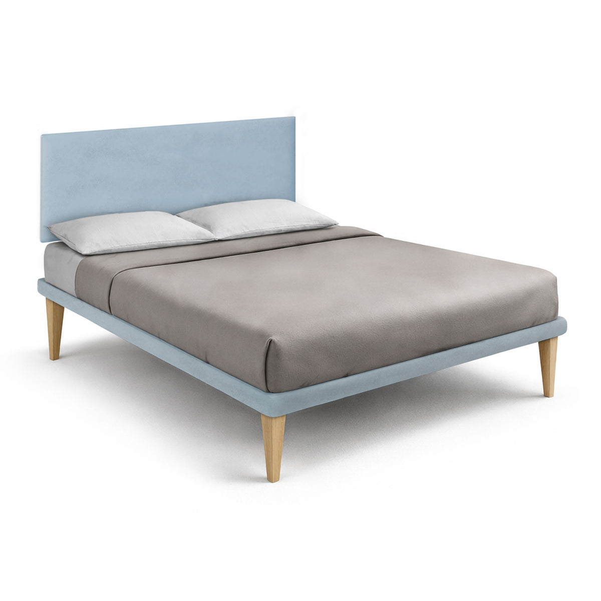 Letto King Size FLAT azzurro alla francese visto di tre quarti con cuscini bianchi #colore_Azzurro