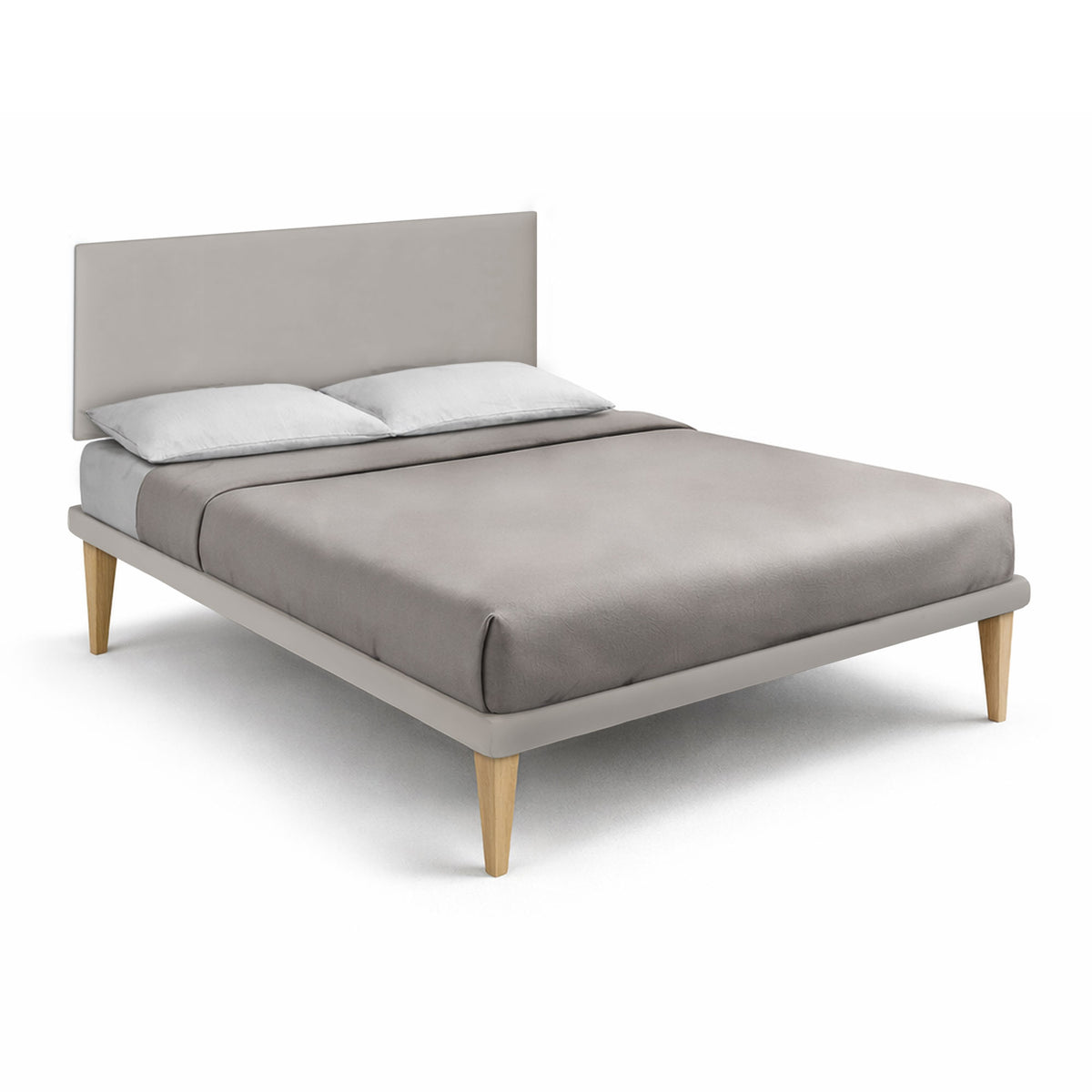 Letto matrimoniale FLAT tortora di tre quarti con testiera imbottita e gambe in legno naturale #colore_Tortora