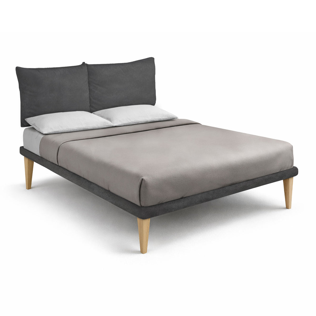 Letto matrimoniale SOFT grigio con testata a due cuscini scuri, vista di tre quarti #colore_Grigio