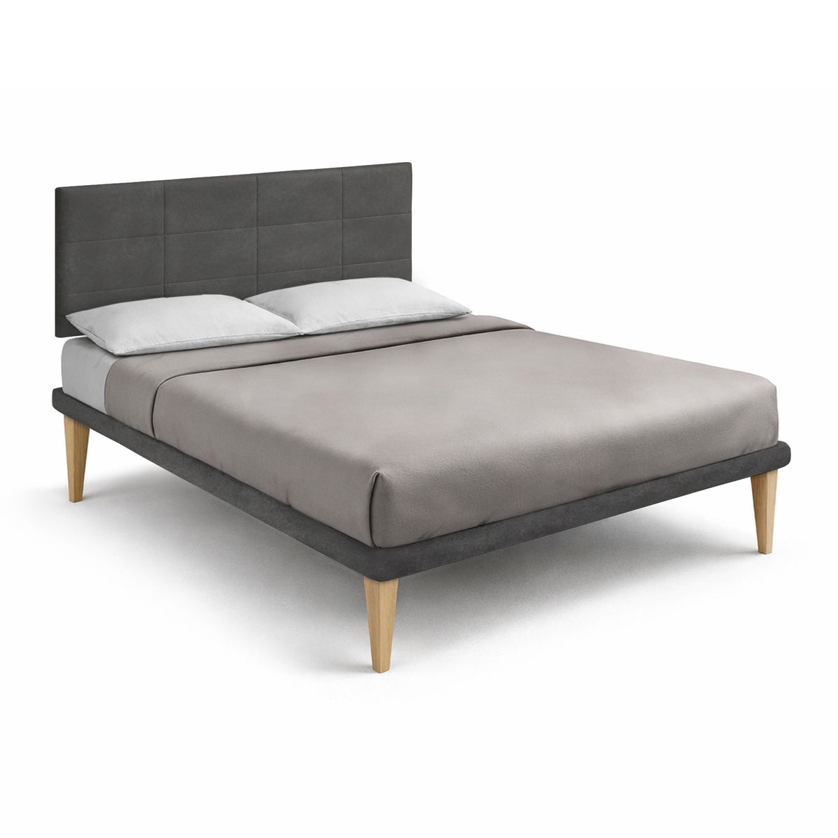 Letto alla Francese SQUARE grigio con testiera a quadrotti, vista a tre quarti su fondo bianco #colore_Grigio