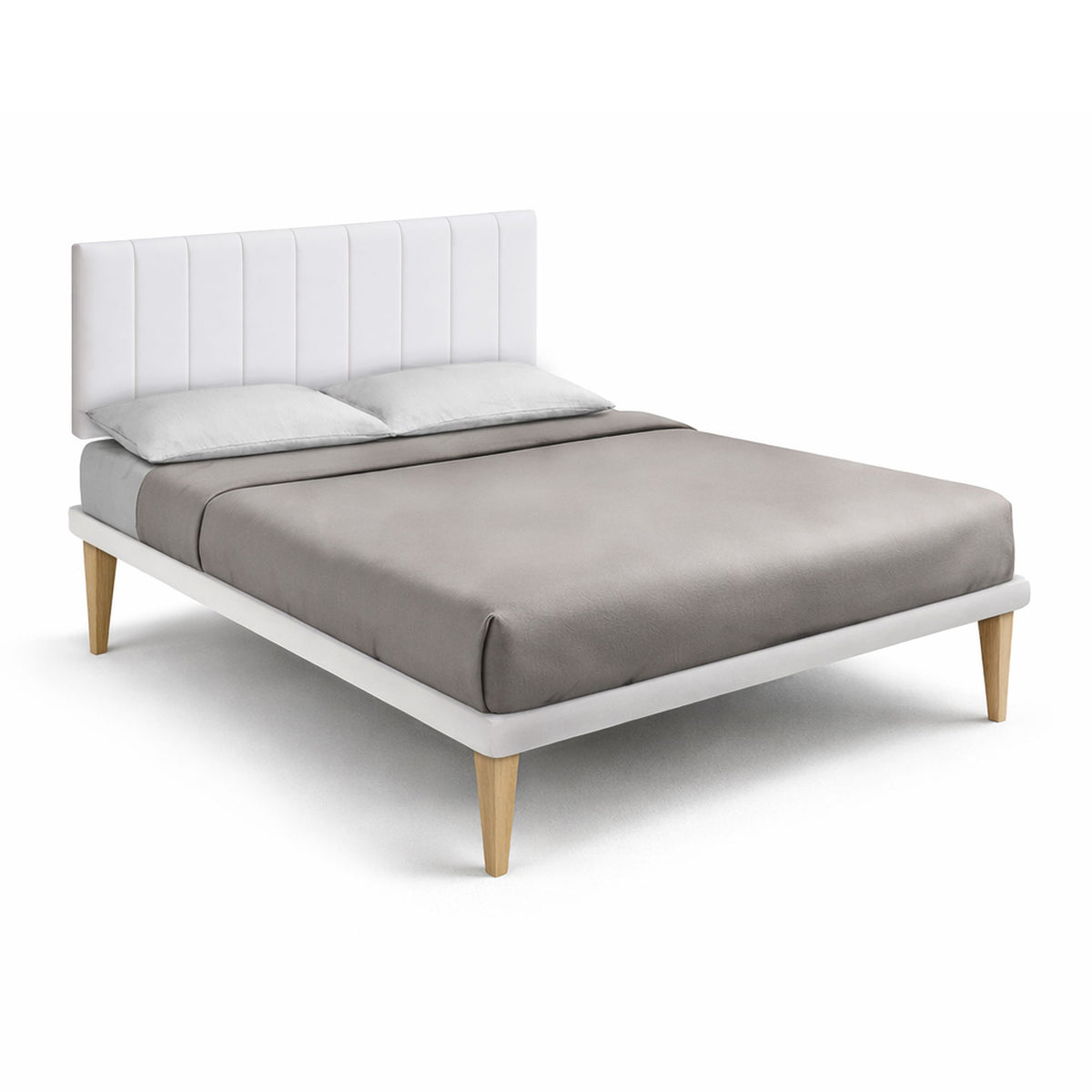 Letto matrimoniale TESSIS bianco con testiera imbottita e piedini in legno, vista di tre quarti #colore_Bianco