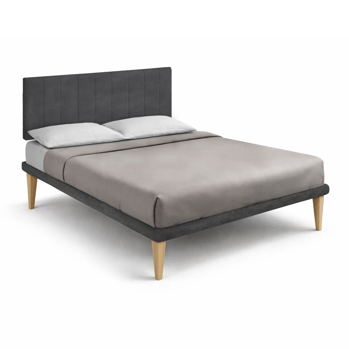 Letto alla francese TESSIS grigio con testiera a cuciture verticali e piedini conici, vista tre quarti #colore_Grigio