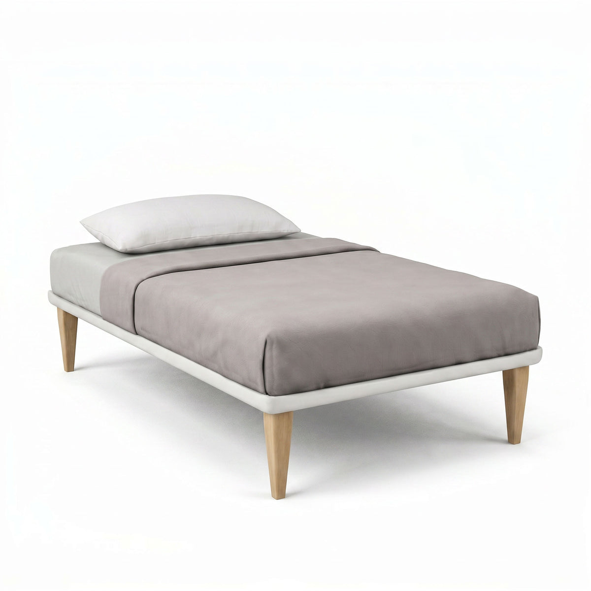 Letto singolo TESSIS bianco visto di tre quarti con piedi in legno chiaro e lenzuolo grigio #colore_Bianco