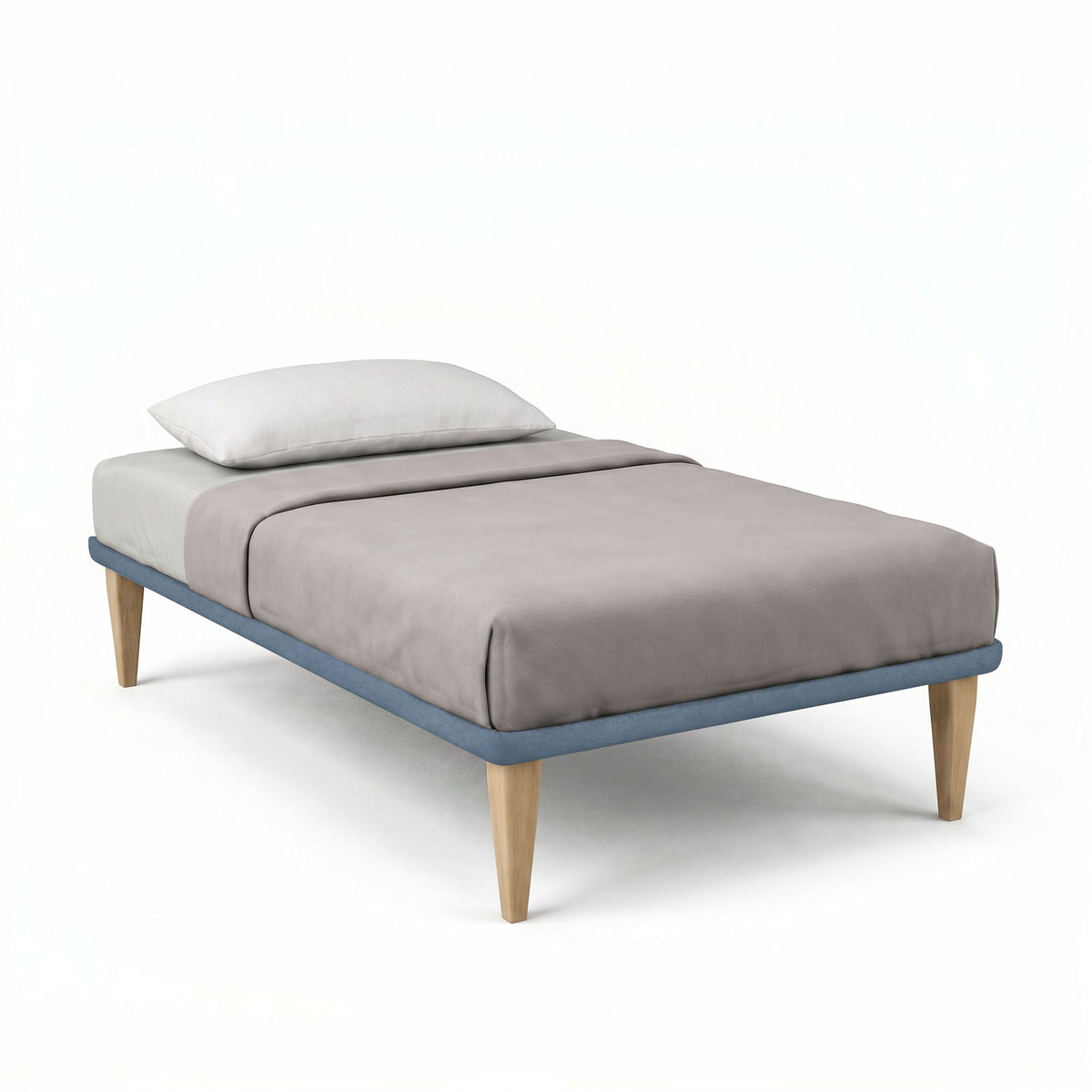 Letto TESSIS blu su fondo bianco, tre quarti con bordo azzurro e gambe tonde #colore_Blu