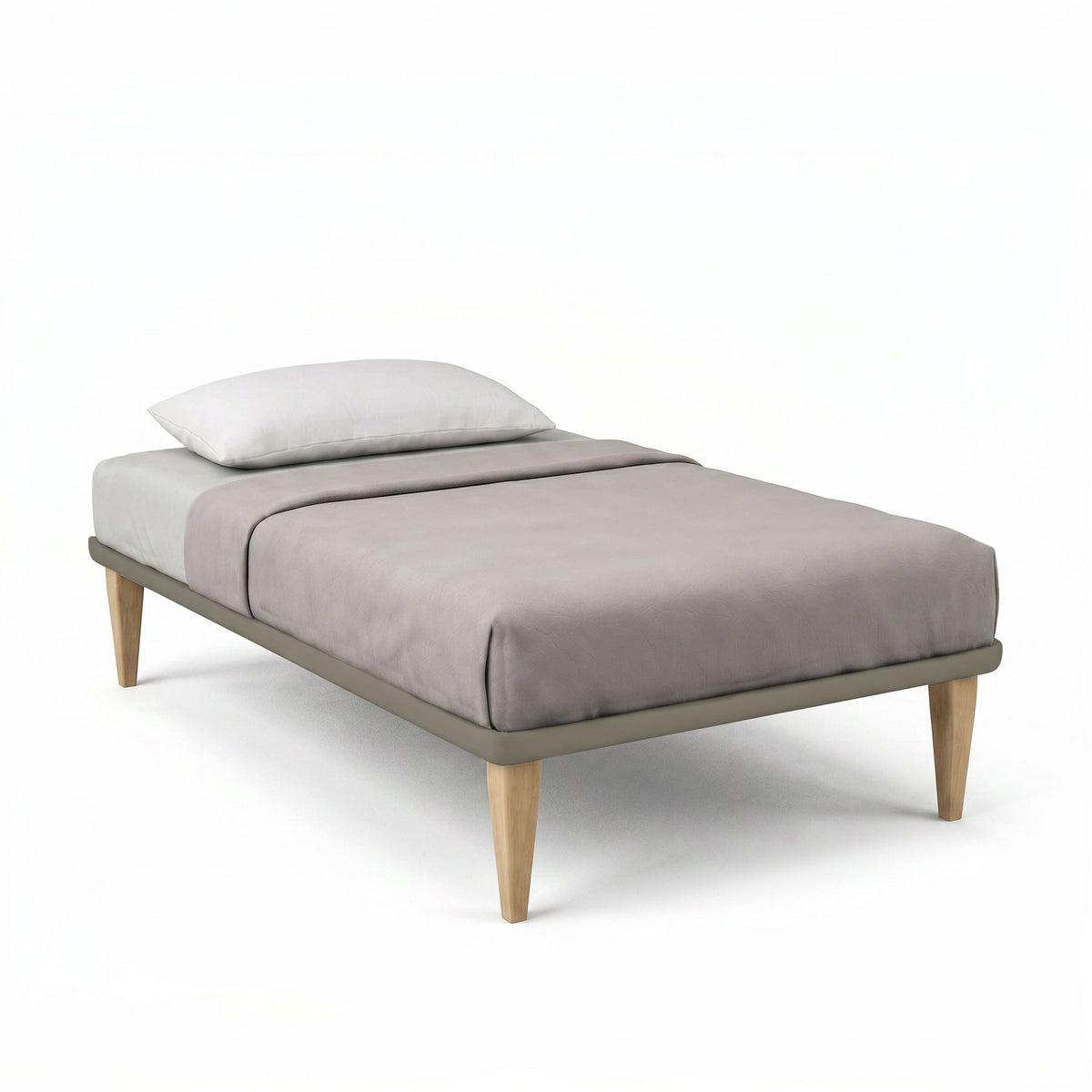 Letto TESSIS cappuccino visto di tre quarti su fondo bianco, con cornice in similpelle grigia #colore_Cappuccino